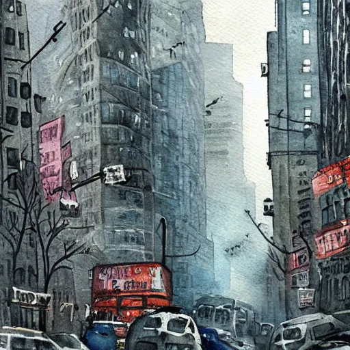 Image similar to post apocalyptic new york city. watercolor. highly detiled. spooky atmosphere.