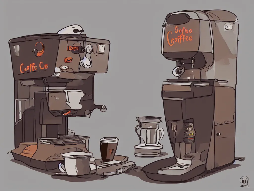 Prompt: coffee machine, by pixar, serene illustration, fresh colors, trending on artstation