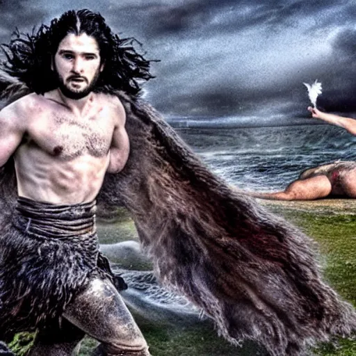 Prompt: an extremely detailed realistic hdr photo of jon snow as zardoz fighting fairies on the beach