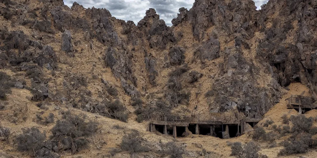 Prompt: a rocky face and dark entrance to an underground gold mine, tunnel, rock cliffs, mine carts, miners, cloudy sky, sparse trees, by John Chamberlain and Alex Gray