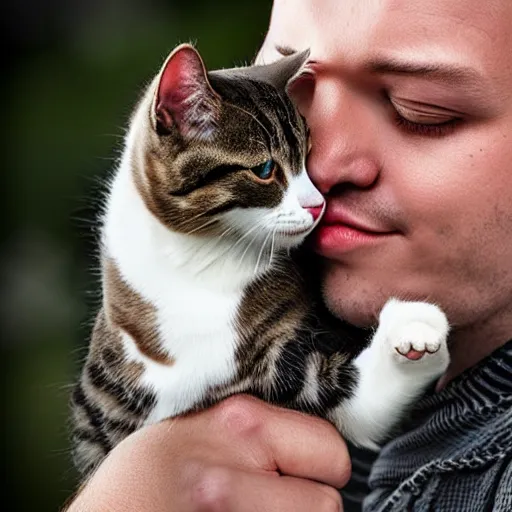 Prompt: man kissing cat sweetly