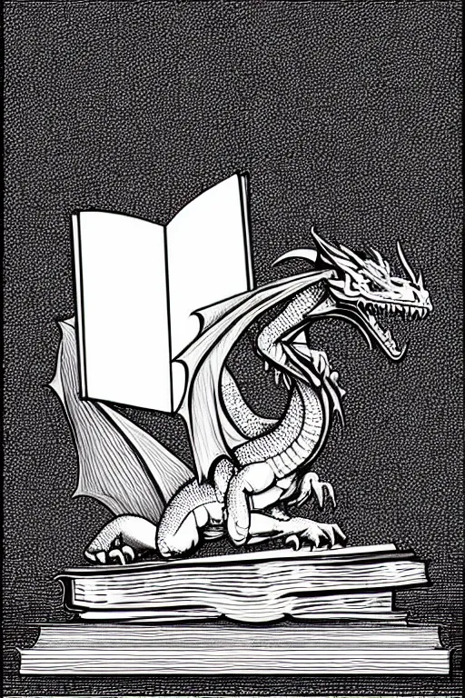 Image similar to hyper realistic dragon perched on a stack of books, white background, full frame, art by james o barr and albrecht durer, surreal woodblock print, black and white, vector, vector art