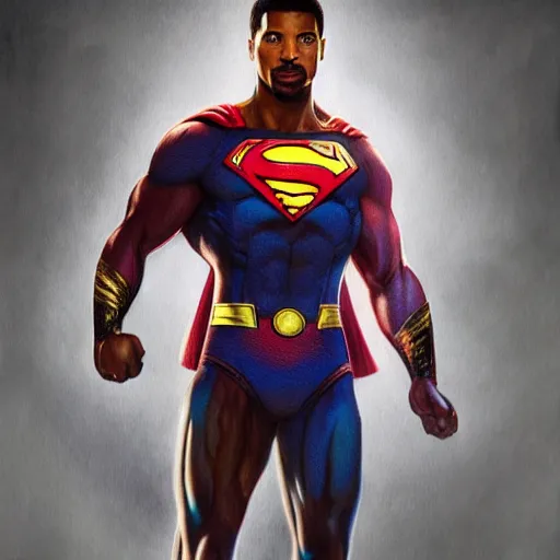 Prompt: full figure ultra realistic illustration, michael b jordan as superman, intricate, elegant, highly detailed, digital painting, artstation, concept art, smooth, sharp focus, illustration, art by artgerm and greg rutkowski and alphonse mucha