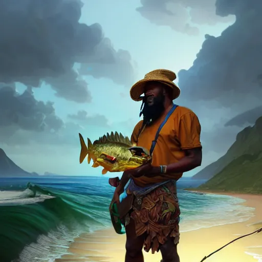 Image similar to fisherman, male, Jamaican, wide angle, open sea, D&D, fantasy, intricate, elegant, highly detailed, digital painting, artstation, octane render, concept art, matte, sharp focus, illustration, hearthstone, art by Artgerm and Greg Rutkowski and Alphonse Mucha