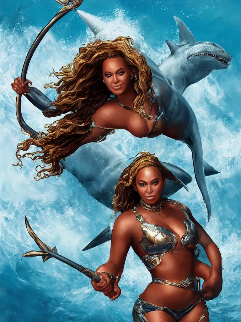 Prompt: regal portrait of superhero Beyonce riding a great white shark with a trident, extremely high detail, photorealistic, cinematic lighting, artstation inspired by Marvel movies