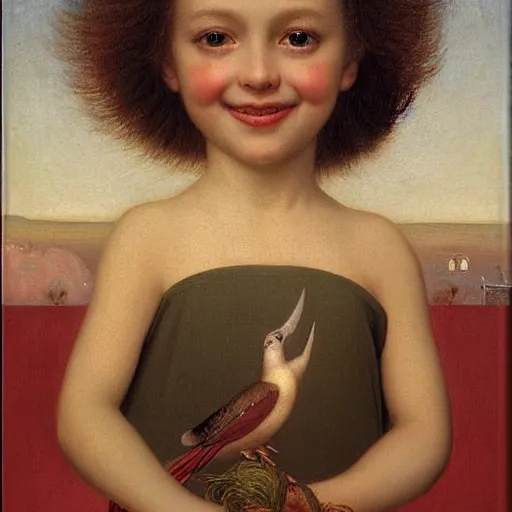 Image similar to !dream a beautiful oil painting of a little cute girl smiling and birds flying around her head by Dino Valls and George Stubbs and Greg Rutkowski