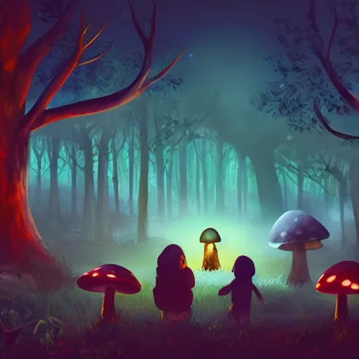 Prompt: A group of friends in a dark forest at night, surrounded by luminescent mushrooms, with a giant owl in the background, digital painting, concept art, artstation, 4k