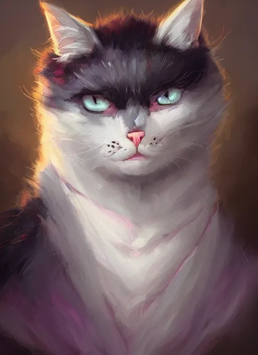 Prompt: male cat white and black fur, pink nose, missing one eye cute and adorable, pretty, beautiful, dnd character art portrait, 1 0 pounds, matte fantasy painting, deviantart artstation, by jason felix by steve argyle by tyler jacobson by peter mohrbacher, cinematic lighting