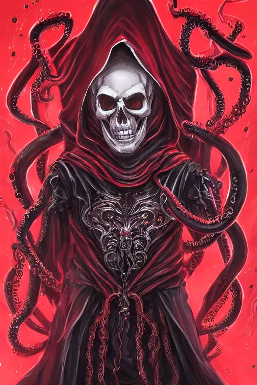 Prompt: A full body portrait of a mysterious character with a stylized skull with a very long hooded blood red and black cloak, tentacles coming out the ground art by Shaddy Safadi and Jason Chan, ominous, cosmic horror, trending on artstation, Ultra detailed, hyper realistic 4k