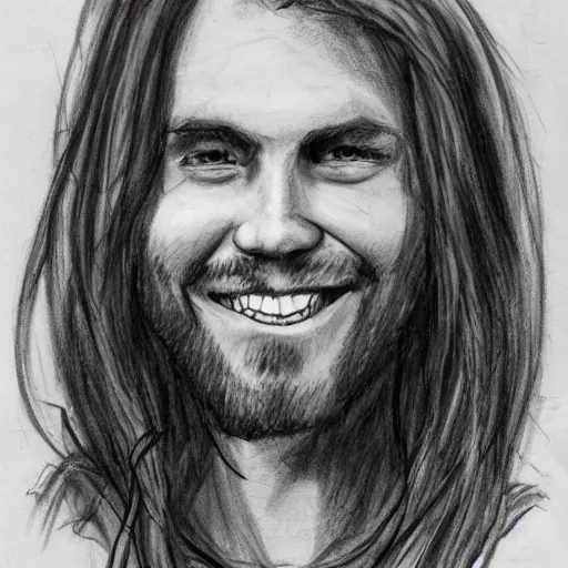 Image similar to sketch of a caucasian face, medium long hair, bad skin, skinny, oval head shape, smiling, climber