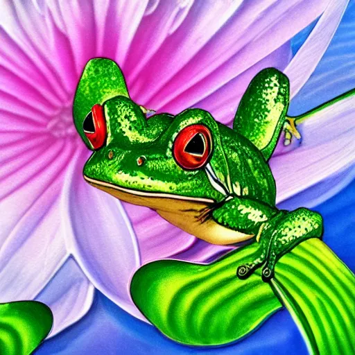 Image similar to !!! sticker!!! close - up of a frog in the water lilies, highly detailed, digital art, matte painting, sharp focus,