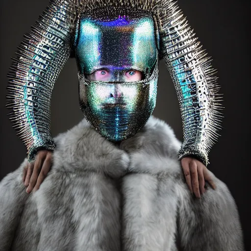 Prompt: a portrait of a beautiful young male wearing an alexander mcqueen armor made of holographic spikes , photographed by andrew thomas huang, artistic