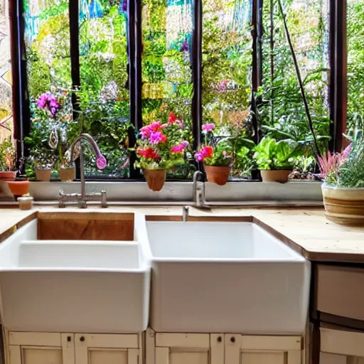 Prompt: wide view of kitchen with morning light filtering through stained glass window above rustic sink surrounded in plants in pots of various colours in studio giblhi lofi style