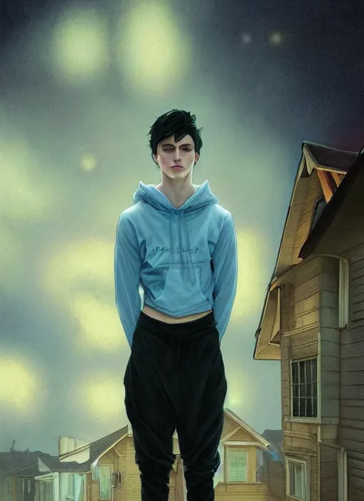 Image similar to handsome young man with short black hair, glowing light blue eyes, pale skin, crouching on the roof of a house, in a neighbourhood, at night, wearing jeans and a black hoodie, realistic painting by ross tran and gerald brom and alphonse mucha, trending on artstation