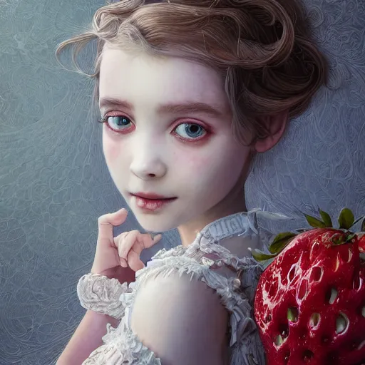 Image similar to the portrait of the absurdly beautiful, graceful, elegant, sophisticated, fashionable little girl made of strawberries and white petals looking down, an ultrafine hyperdetailed illustration by kim jung gi, irakli nadar, intricate linework, bright colors, octopath traveler, final fantasy, unreal engine 5 highly rendered, global illumination, radiant light, detailed and intricate environment