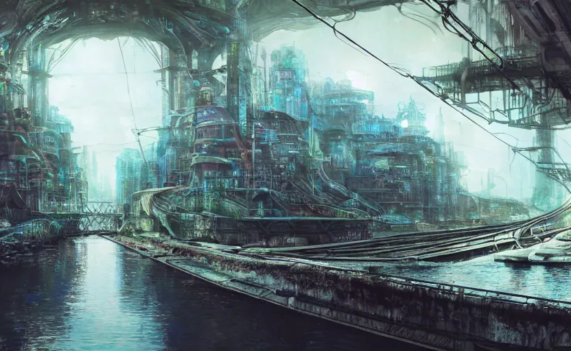 Image similar to An urban train rides inside of a waterway on a fantasy city, hyperrealistic mixed media, stunning 3d render inspired art by P. Craig Russell and Barry Windsor-Smith + perfect facial symmetry + dim volumetric lighting, 8k octane beautifully detailed render, post-processing, extremely hyperdetailed, intricate futuristic mechanic parts, epic composition, grim yet sparkling atmosphere, cinematic lighting + masterpiece, trending on artstation