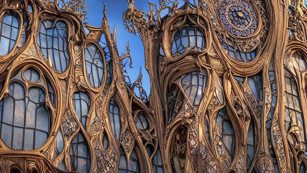 Prompt: tall art nouveau building architecture, with large stained glass windows and crystals, organic shapes, gothic revival ornate details, sunset, bloom, cinematic, high fidelity, octane render, warm tones, like antoni gaudi,