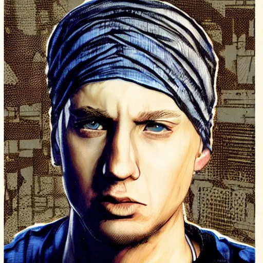 Prompt: eminem as a middle eastern man wearing a turban, yoji shinkawa