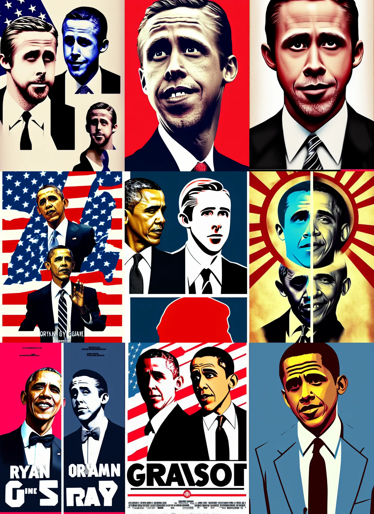 Prompt: obama, ryan gosling portrays the united states president, 8 0's movie poster, theatrical poster, vibrant fan art, digital art, trending on artstation, minimalist