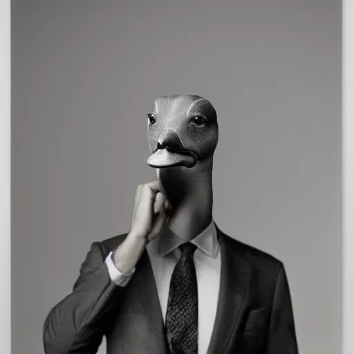 Image similar to a high detail photo of a man with a duck's head wearing a suit, photorealism