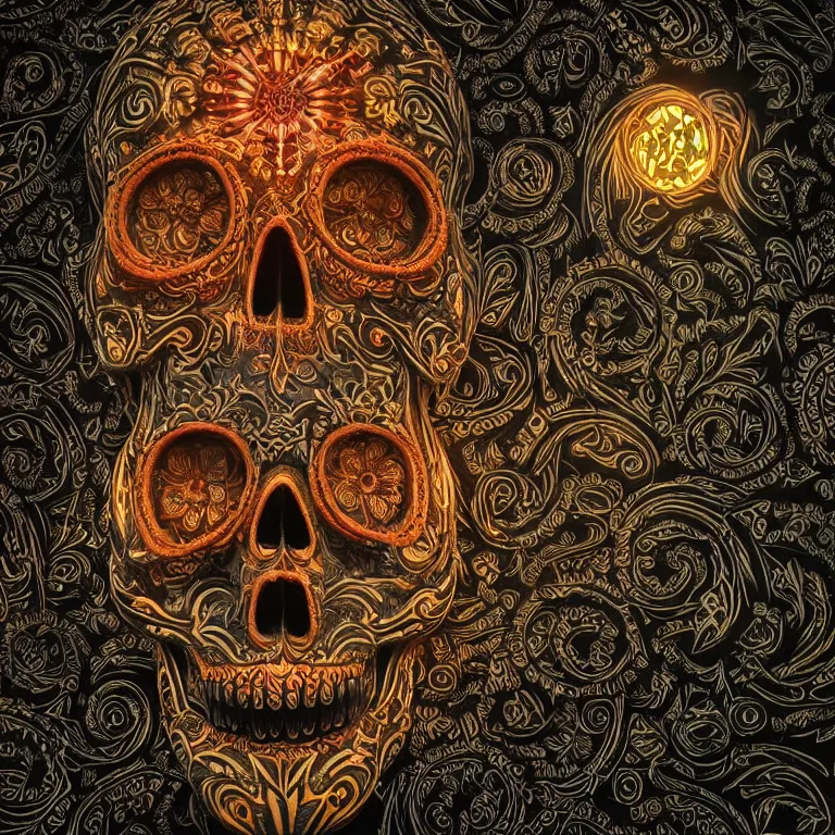 Image similar to a highly detailed photographic render of intricately carved sugar skull, psychedelic, black background, neon light, intricate ornament, gilding, horror, dark fantasy, beautifully lit, ray traced, octane 3D render in the style of Gerald Brom and James Gurney