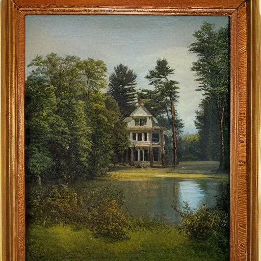 Prompt: Victorian mansion in the woods of Maine, a lake beside it, felix Kelly