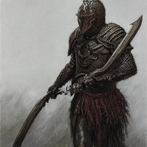 Prompt: ancient warrior concept art, wearing dark plated armor, wielding a scimitar, by beksinski