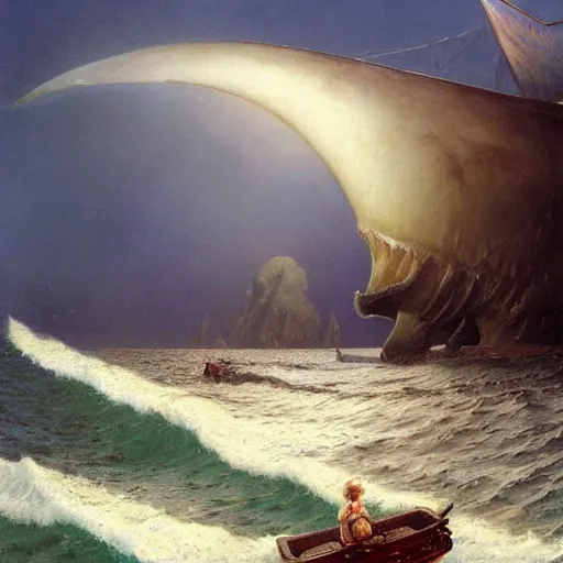 Image similar to an enormous eldritch sea monster peaking it's gigantic head out of the ocean in front of a tiny lifeboat with two children. detailed. photo realistic. masterpiece. john charles dollman. rhads. tianhua xu.