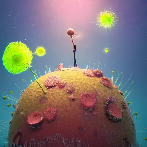 Image similar to tiny single - cell creature, floating, rbc, radiolaria, protophyta, micro - organisms, center, symmetric, rim light, marine microbiology, bioluminescence, electric, fur, soft, concept art, intricate details, highly detailed, colorful, photorealistic, disney pixar, octane render, iridescent, anime, 8 k