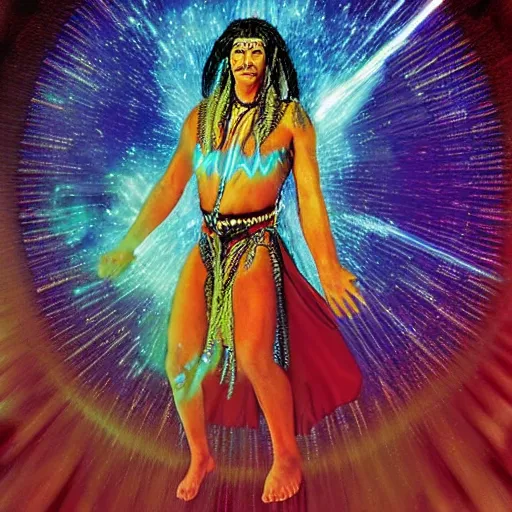 Prompt: amazonian shaman entering a visionary state and traveling in his astral body to hyperspace