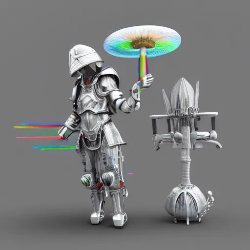 Image similar to 3 d render of light white rainbow medieval armour, waterfall, cybernetic mushroom people, tamborine, salt shaker, happy friend, fire, lamps, aurora, rave, isolate, wizard, ramen, wires, robot, money, corporate, business, pleading artstation hq, artstation hd, fantasy