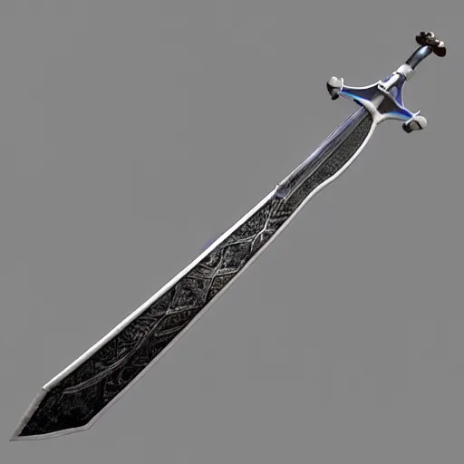 Image similar to bluestone flamberge, a huge two-handed sword with a wavy blade and large cross guard. It has a faint blue sheen, and radiates a sense of unease. 3d render