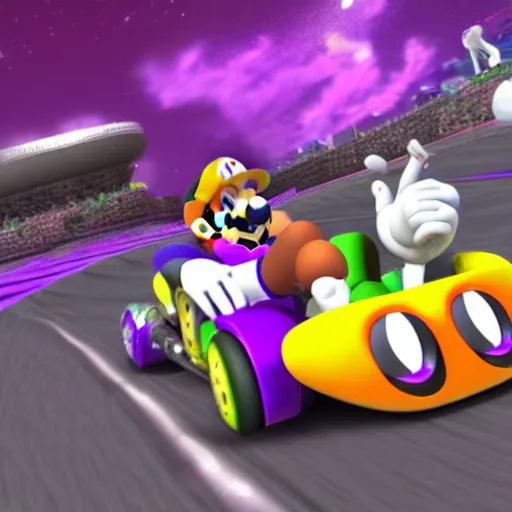 Image similar to mario kart cat waluigi