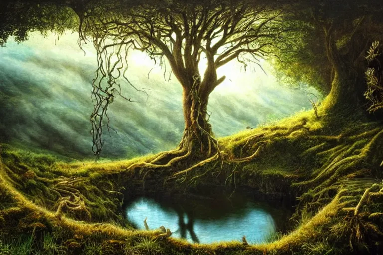 Prompt: masterpiece painting of lord of the rings tree of life on a hillside overlooking a creek, dramatic lighting, hyperrealism concept art of highly detailed by andreas franke