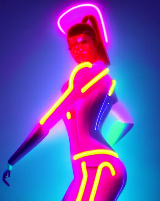 Image similar to ultra realistic cyber neon queen, neon lighting, retro futurism, futuristic illuminated jewelry, retro glossy latex, full body pose, hyper photorealistic, crispy quality, digital photography, trending in artstation, cinematic, 4 k ultra hd, art by pascal blanche, art by greg rutkowski