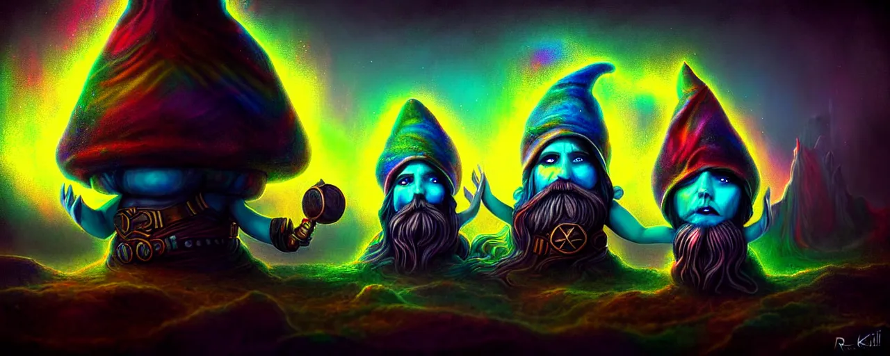 Image similar to whimsical bifrost alchemical gnomes, surreal dark uncanny painting by ronny khalil