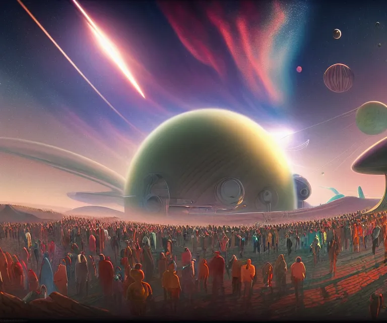 Image similar to hyper detailed 3d render like a Oil painting - crowds gather at a spaceport on a beautiful faraway planet to watch a rocket blast off, large gas giant in the dramatic nebula-filled alien sky, retrofuturistic science fiction vibe, by Jacek Yerka, Mariusz Lewandowski, Houdini algorithmic generative render, Abstract brush strokes, Masterpiece, Edward Hopper and James Gilleard, Zdzislaw Beksinski, Mark Ryden, Wolfgang Lettl, hints of Yayoi Kasuma, octane render, 8k