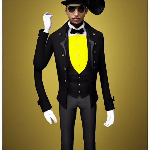 Image similar to a highly detailed portrait of a man in a high top hat covering his face, in a black tailcoat with a yellow waistcoat under the tailcoat, artstation, deviantart, professional, unreal engine 5, photorealistic