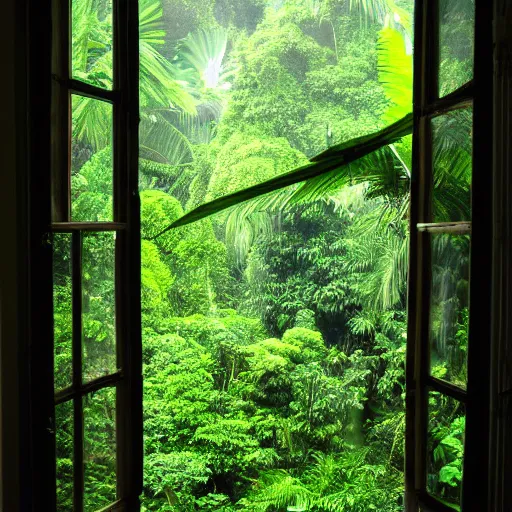 Image similar to A dslr picture with flash on of a window from in 2007, tropical rainforest outside