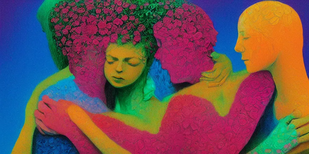 Image similar to portrait of women hugging made of colorful rainbow fractal flowers hugging Edward Hopper and James Gilleard, Zdzislaw Beksinski, highly detailed