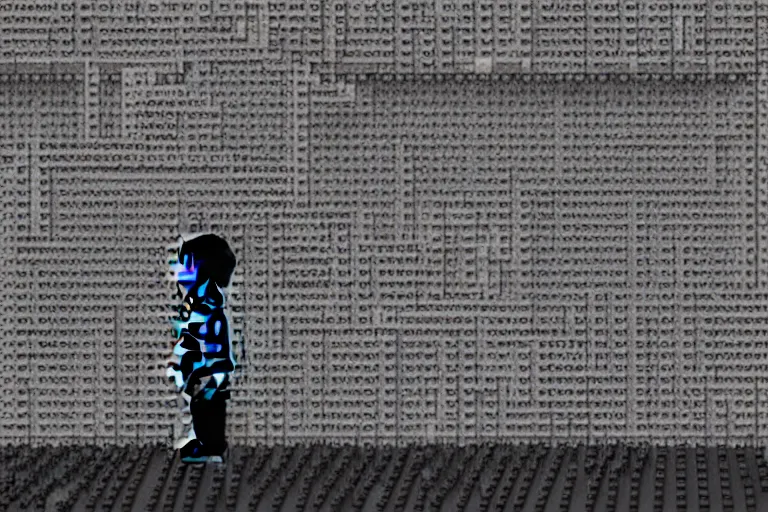 Image similar to a small faceless figure walking down a darkened stairway made of lego, horror film