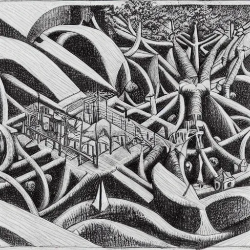 Prompt: a non - euclidean city by the river with a forest, detailed drawing by m. c. escher