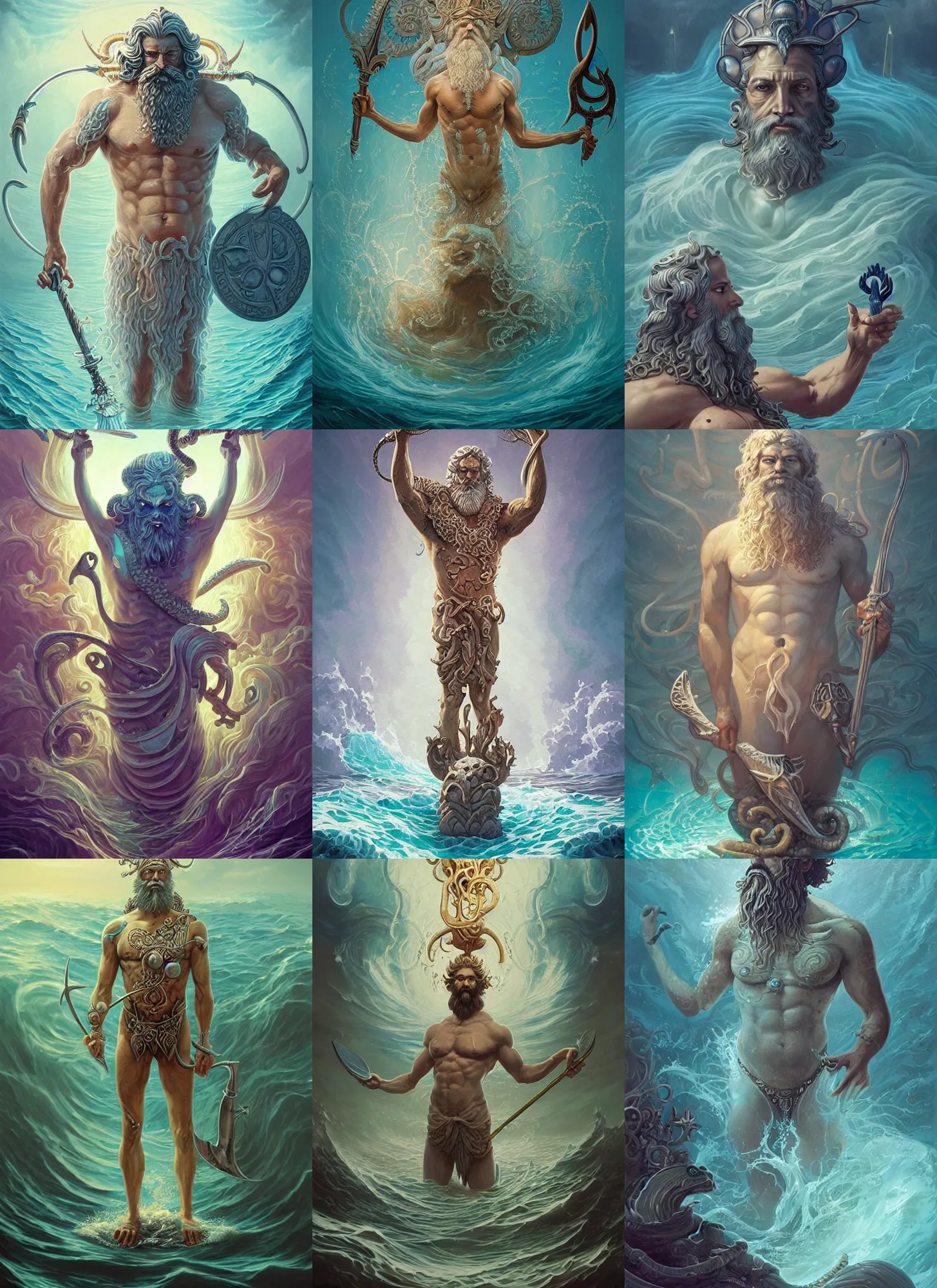 Prompt: intricate rendered portrait of poseidon the Greek god of the sea with ornate trident by Peter mohrbacher and Dan mumford and beeple, trending on cgsociety, fish squid and jellyfish, waves