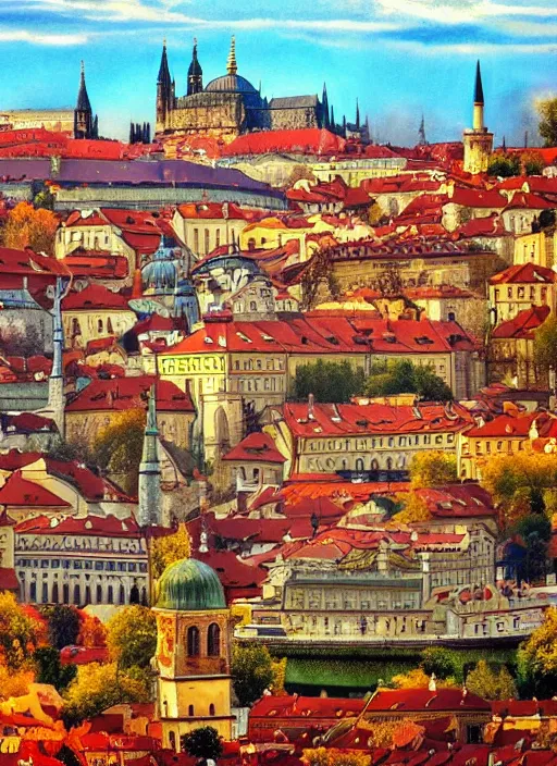 Image similar to painting of beautiful shot of Royal medieval European city like Prague mixed with Istanbul like Islamic architecture with greenery all around , autumn colors