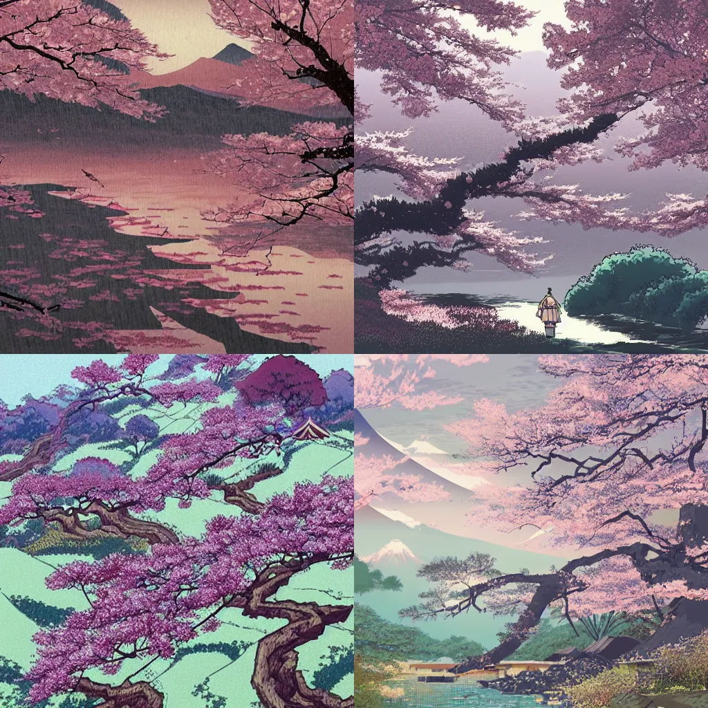 Prompt: beautiful illustration of a landscape in a cherry blossom storm, japanese countryside, in the style of Katsuhiro Otomo and Takehito Harada and Yoshitaka Amano