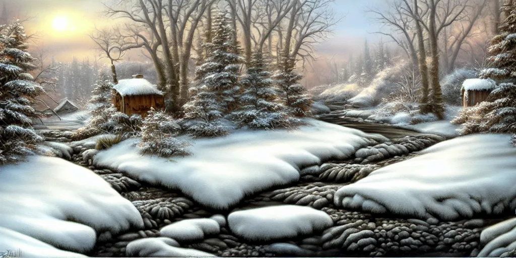 Image similar to a painting of a winter scene with a stream, an airbrush painting by terry redlin, deviantart, fantasy art, oil on canvas, airbrush art, matte painting