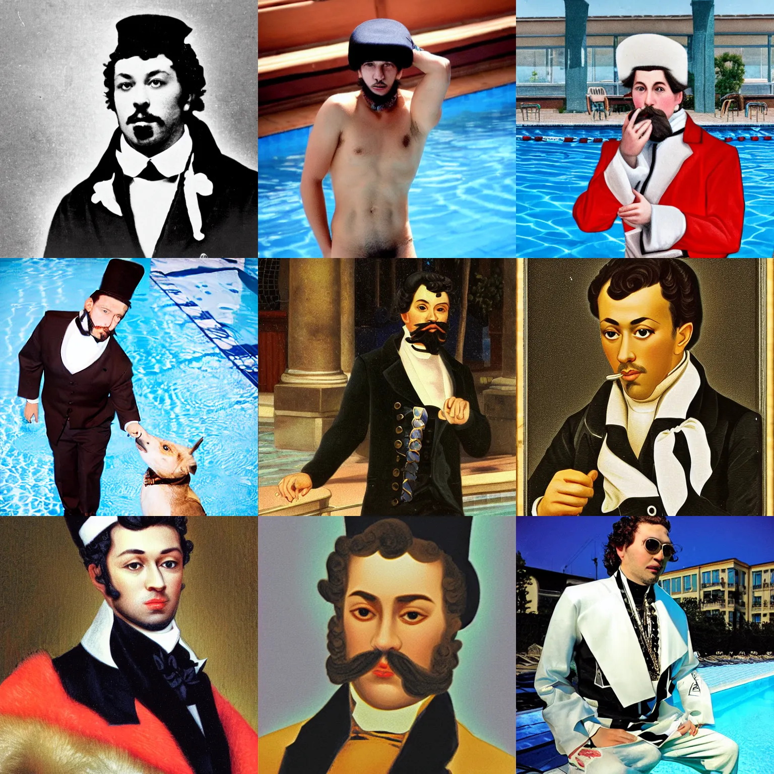 Prompt: alexander sergeevich pushkin the rap star with the whiskers at the pool