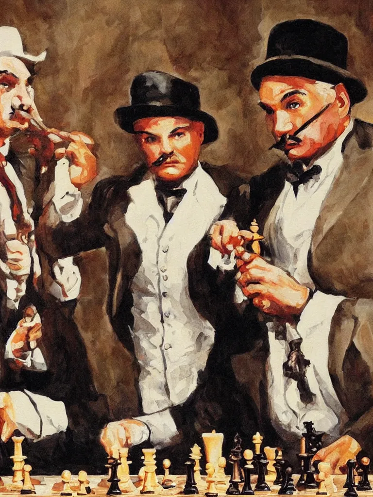 Image similar to painting of hercules poirot and sherlock holmes play chess