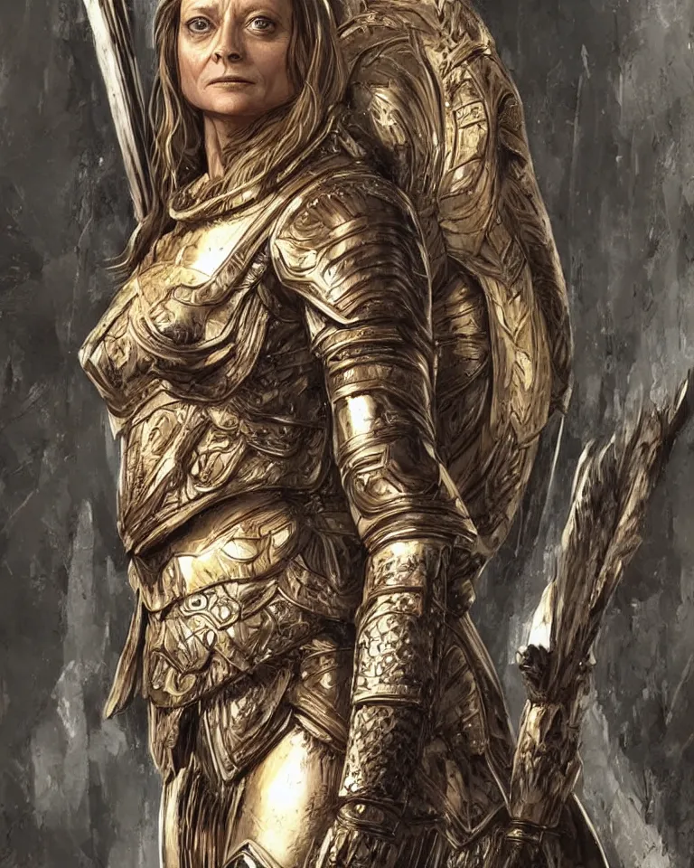 Image similar to jodie foster as an amazon warrior, tall and beautiful with brown skin and long hair, dressed in hellenistic body armor, intricate, elegant, highly detailed, smooth, sharp focus, detailed face, art by ardian syaf