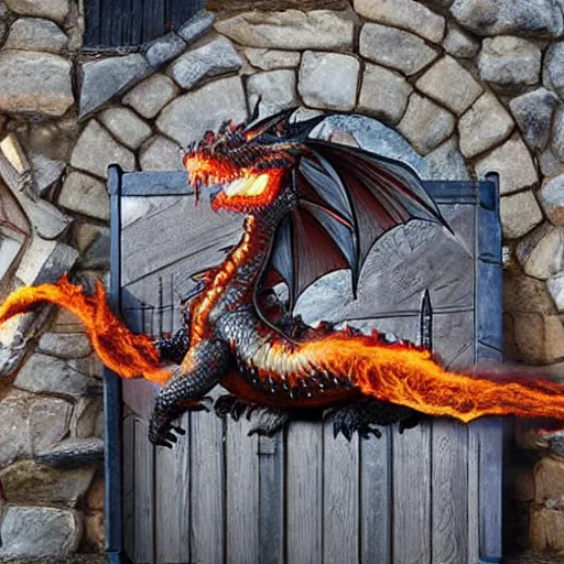 Prompt: a dragon blasting fire with his breath against a wooden gate of a castle wall, with crossbow men on top of the wall